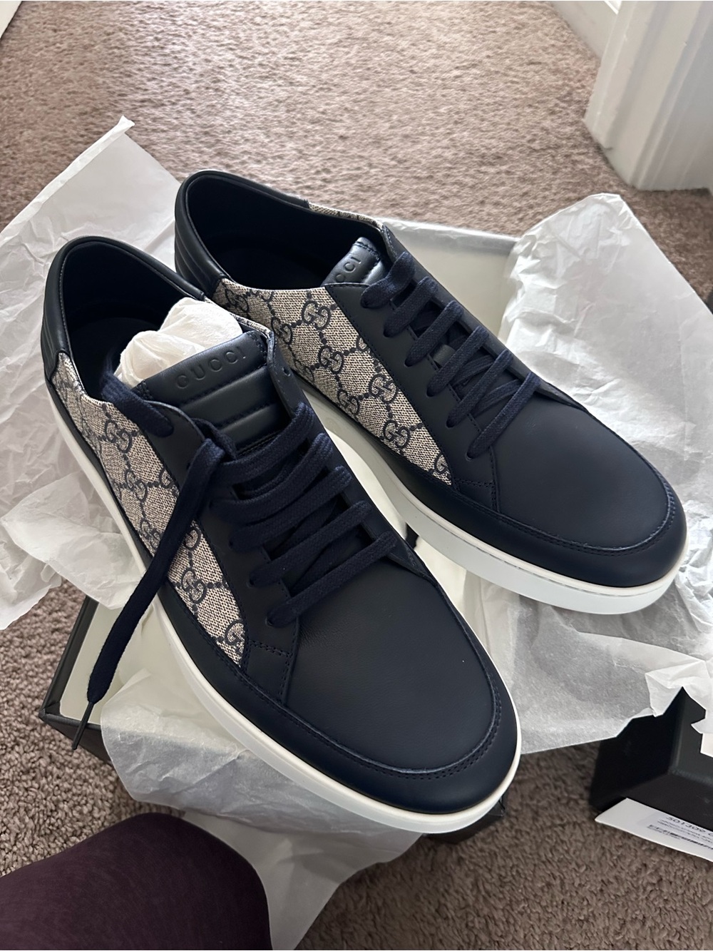 Gucci Men's Navy and Beige GG Canvas Leather Sneakers